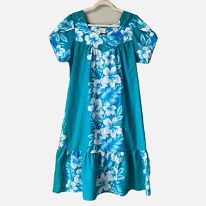 Vintage Hawaiian MuuMuu Kalena Fashions Teal Green MuMu Dress Size L